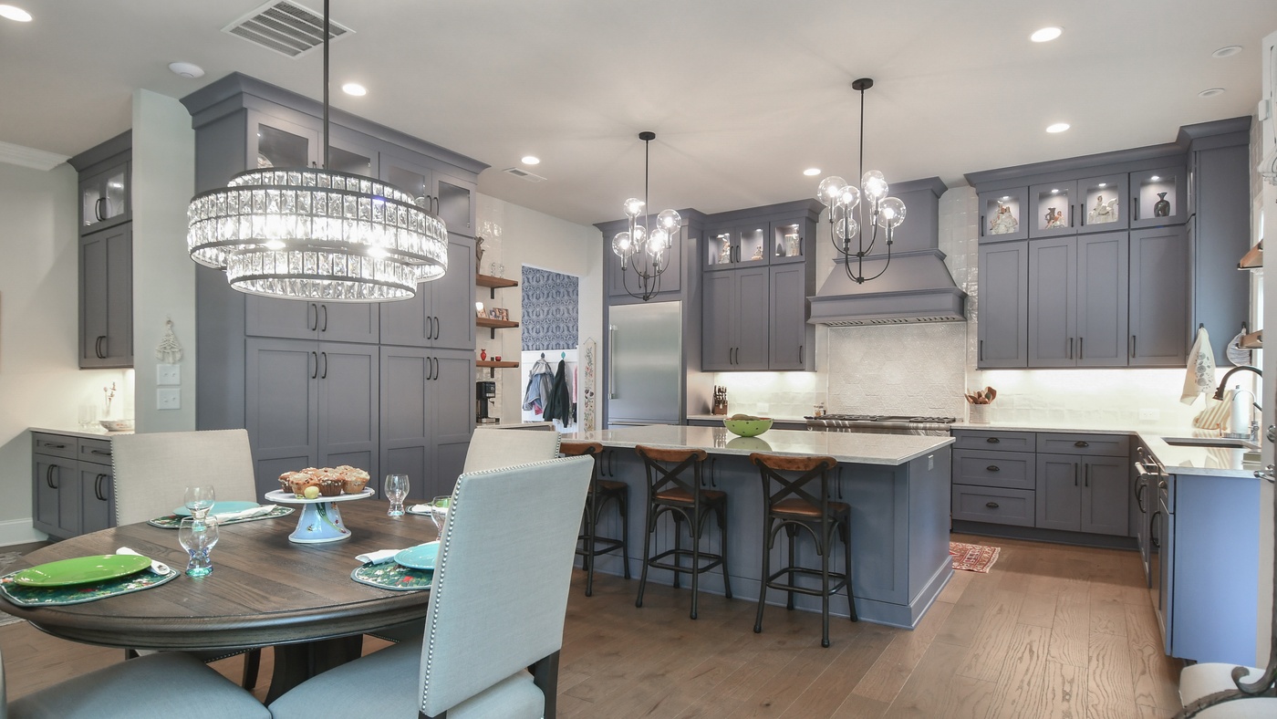 Airy kitchen with sky blue cabinets