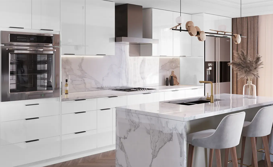 Frameless modern kitchen with full overlay slab cabinets