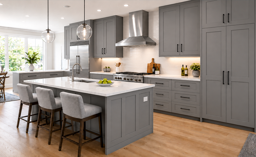 gray cabinets with brass hardware