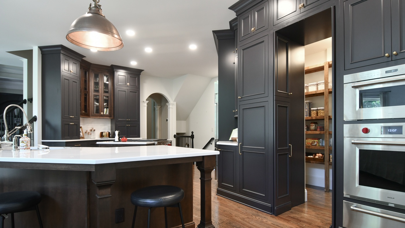 gray cabinets with brass hardware