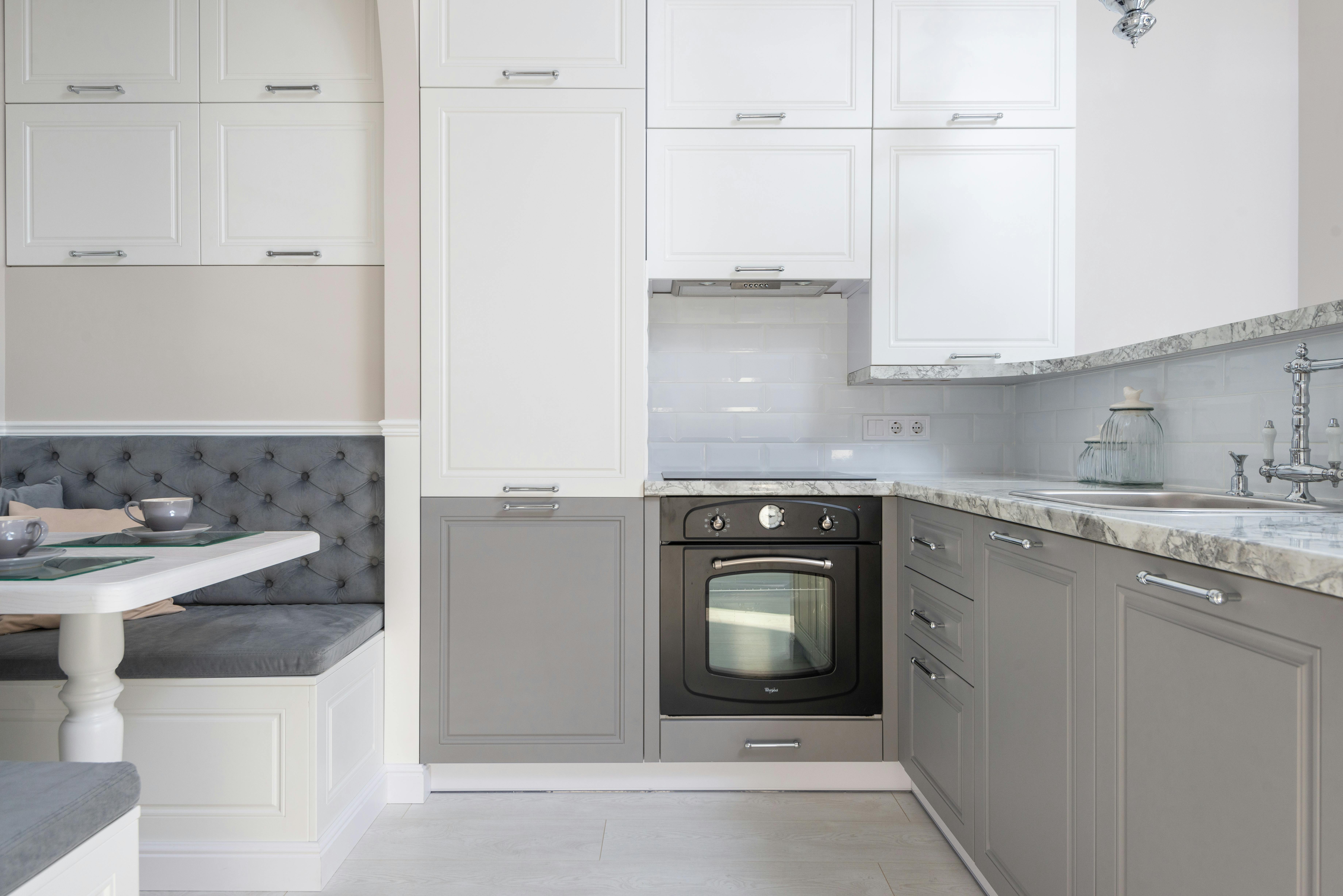 White and gray kitchen cabinets