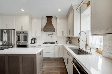 gray cabinets with stone backsplash