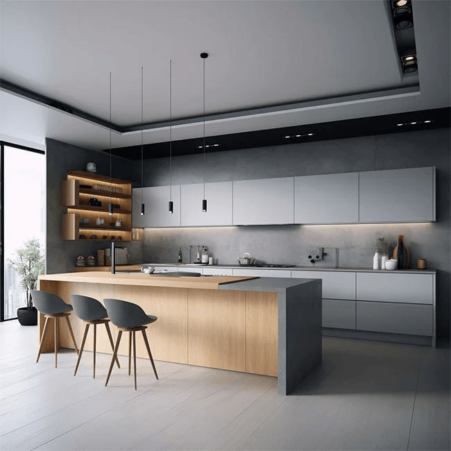 gray kitchen cabinets with wood accents